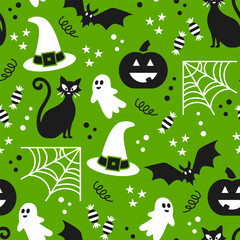 Neon Green Halloween icons vector pattern. Retro Halloween illustration seamless vector pattern on neon green background.