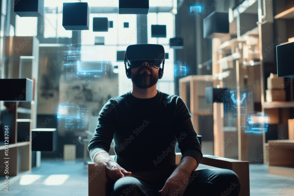 Poster a virtual reality designer engages with floating 3d objects in a modern studio during a creative des