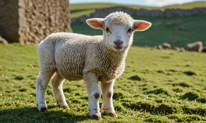 Fototapeta premium A young lamb stands in a grassy field, looking directly at the camera with a curious expression