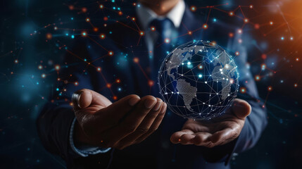 Businessman holding a glowing digital globe, representing global network and connectivity.