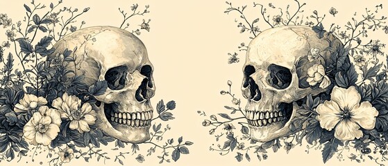 Elegant skulls adorned with intricate floral designs for Day of the Dead celebrations. Ideal for invites, decorations, and themed events.