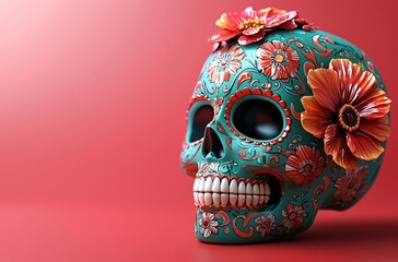 Vibrant sugar skull adorned with floral patterns, perfect for Day of the Dead celebrations, offering a colorful centerpiece for events and decorations.
