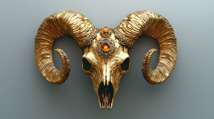 An elegant golden ram skull, adorned with amber gemstones, perfect for Day of the Dead (Dia De Los Muertos) altars, decorations, and themed events.