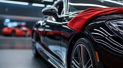 Luxury car's glossy black paint polished to perfection with a gentle cloth