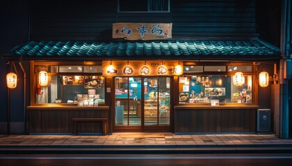 Japanese Street Food Stall at Night. Traditional Japanese Restaurant. Small Japanese Restaurant Facade. Japanese Lantern Lit Night