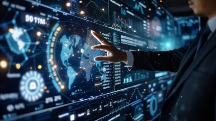 Fototapeta premium Businessman interacting with a large digital screen displaying data and a world map.