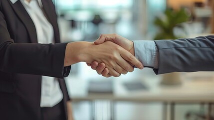 Businesspeople shaking hands, a female and male making a handshake in an office setting