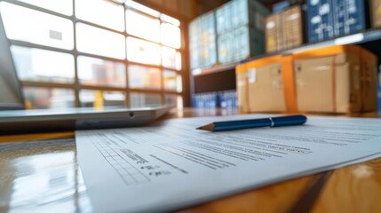 Cargo insurance policy documents on a desk, detailing coverage options and terms for shipping goods with copy space