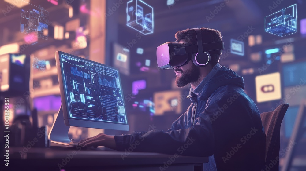 Poster a virtual reality designer explores floating 3d objects in a modern studio, immersed in digital crea