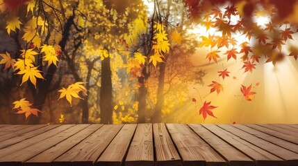 Autumn Leaves Falling On Wooden Plank With Blurred Background