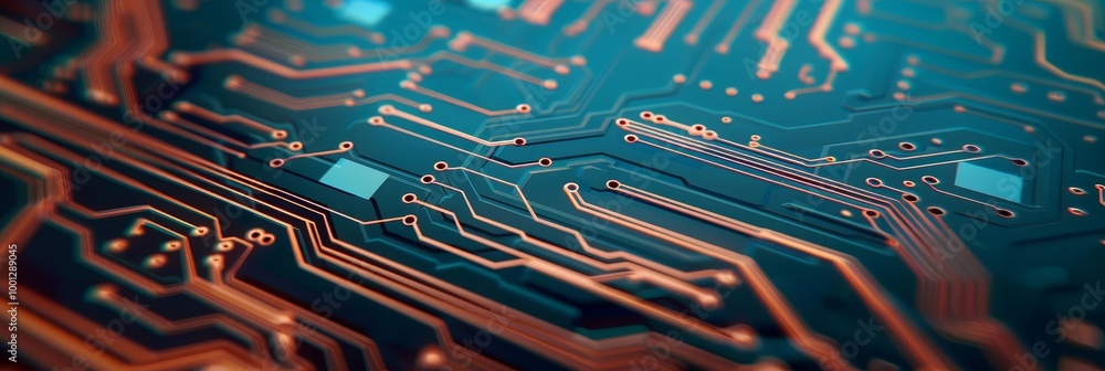 Poster close-up of a circuit board with intricate patterns and copper traces.