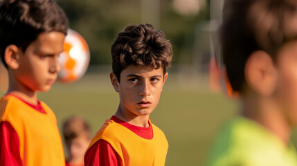 Fototapeta premium Young boy in a red and orange soccer jersey looking focused.