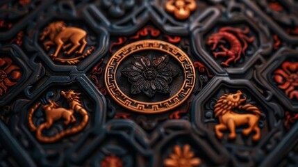 Close-up of intricate metalwork with zodiac animals and a central flower design.