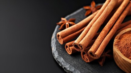 Cinnamon sticks and powder on a black background.