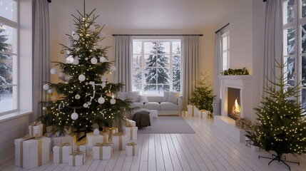 Fototapeta premium Festive Christmas Living Room Interior with Decorated Tree and Fireplace