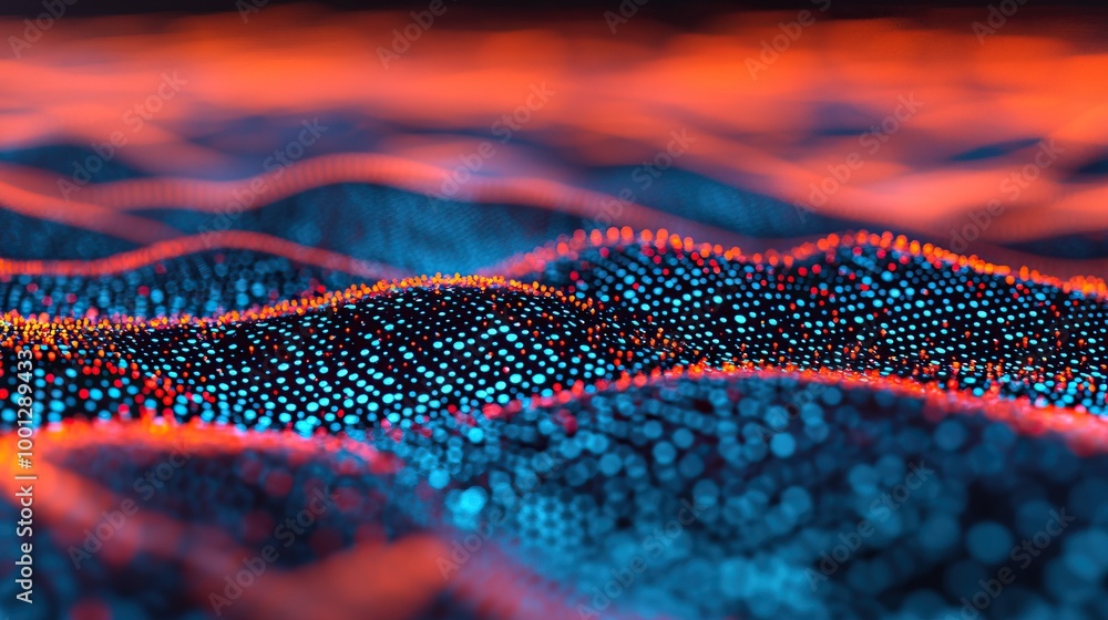 Poster abstract digital landscape with glowing dots in blue and red, creating a mesmerizing wave-like patte