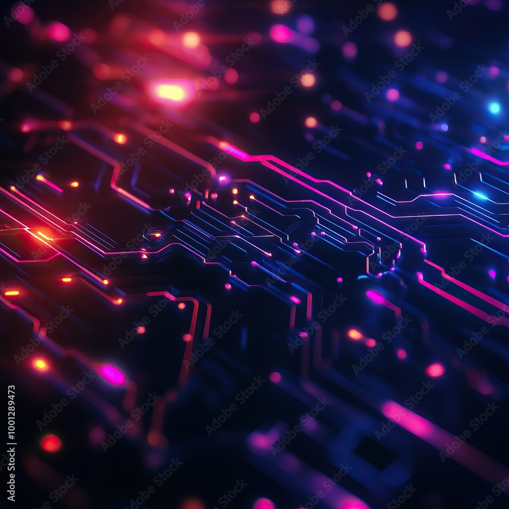 Poster abstract digital circuit board with colorful glowing lines and lights, representing advanced technol