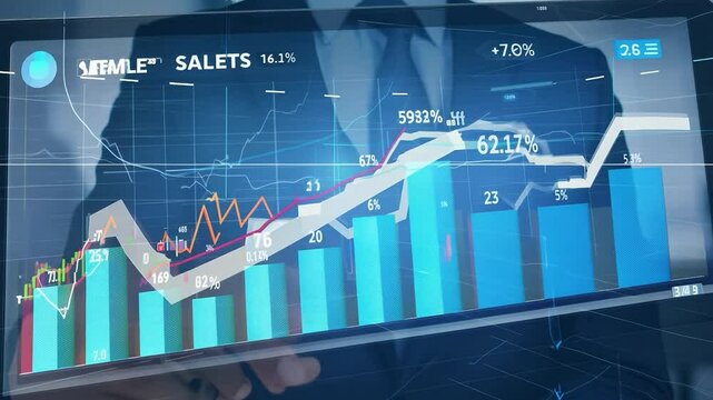Businessman analyzing sales data on a digital tablet with holographic graphs and charts