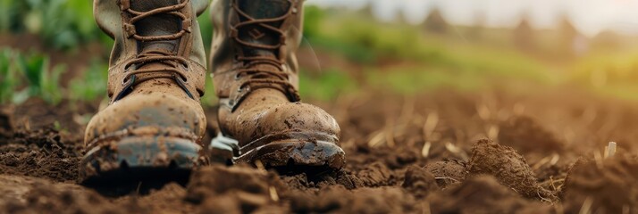 Close-up of muddy hiking boots in a field.