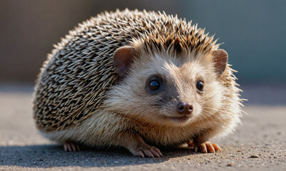 Fototapeta premium A small hedgehog walks on a paved path