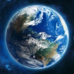 宙空間から見下ろす美しい地球。青と白のマーブル模様が広がり、青い海や白い雲、緑の大陸が太陽の光を受けて広がっている。その背景には無限の宇宙と星々が広がる、地球の豊かさと儚さが見えてく.j