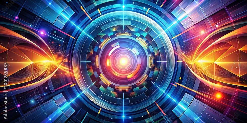 Poster vibrant, geometric shapes and abstract elements swirl around a central axis, creating a dynamic, fut