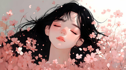 Dreamy Girl in a Field of Blossoms, Tranquility in Nature, Soft Pastel Colors, Digital Art, Anime Style, Beautiful Girl, Flower Petals Falling