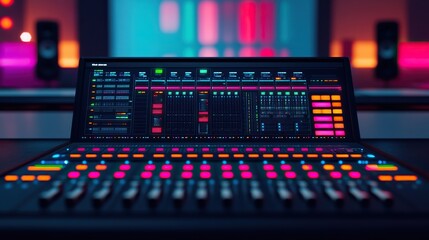 Close-up of a modern digital audio mixer with colorful buttons and backlighting in a studio setting, creating a vibrant atmosphere.