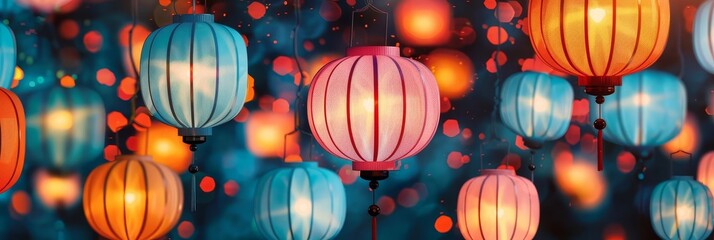Colorful lanterns illuminated against a dark background, creating a festive and magical atmosphere.