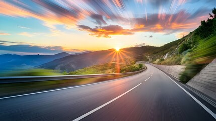 Naklejka premium Scenic Mountain Road at Sunset with Dramatic Sky and Sun Rays