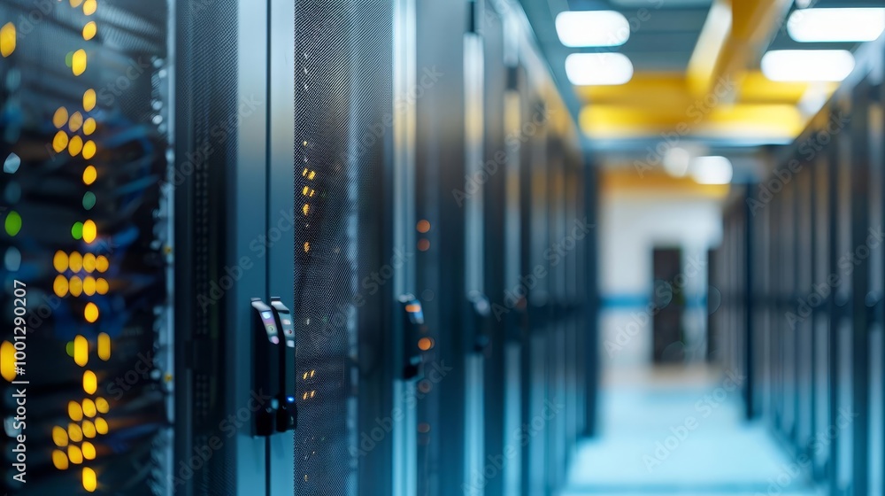Poster rows of server racks in a modern data center.