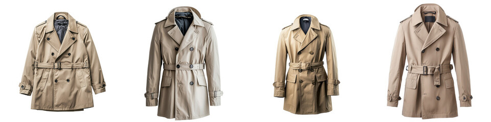 A classic trench coat beige color double breasted timeless style isolated on white and transparent background