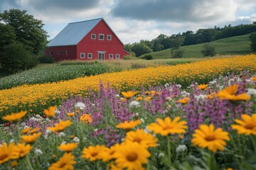 Red Barn Amidst a Field of Wildflowers