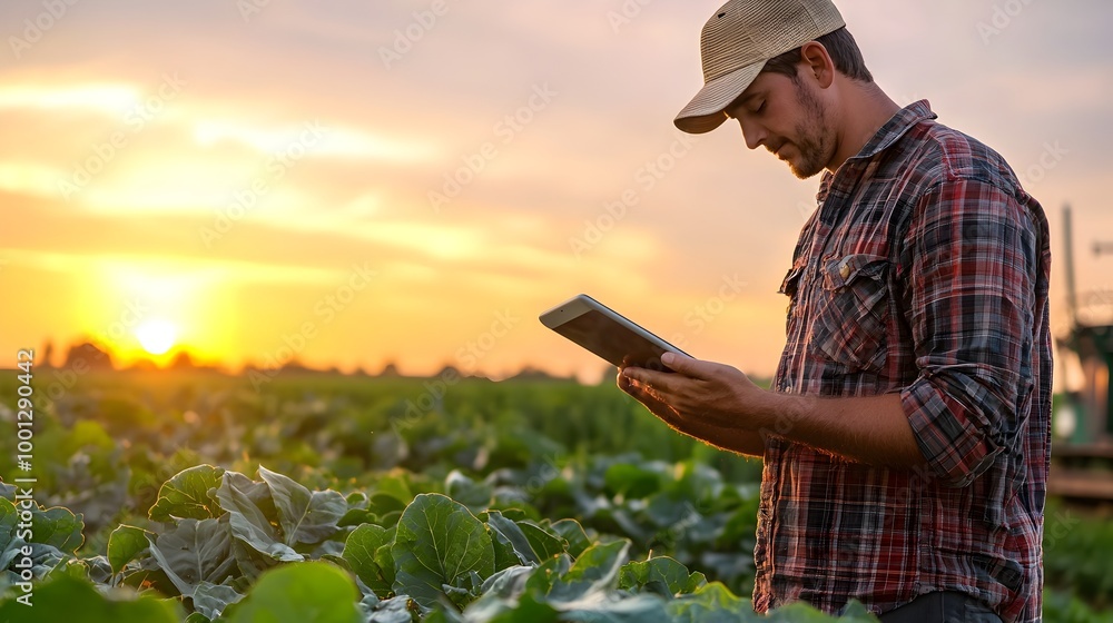 Poster farmer using tablet to monitor crop growth with real-time data for modern farming techniques