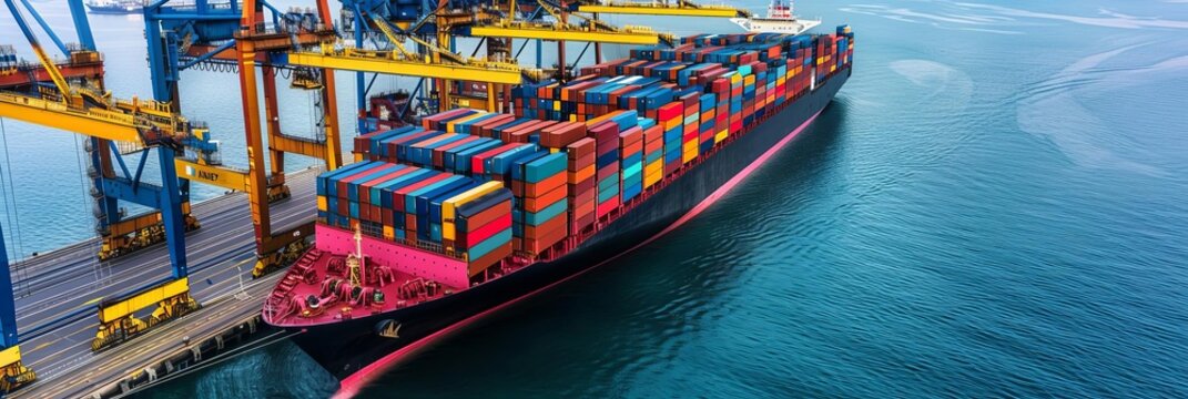 Cargo ship docked at a port, loaded with colorful shipping containers.