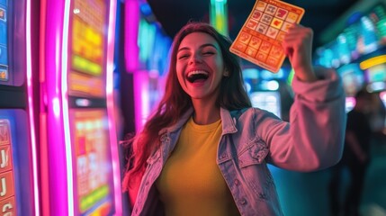 A delighted woman holds her winning bingo card high in a colorful bingo hall, celebrating a lucky victory.