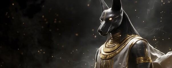 Fototapeta premium A majestic, golden-adorned Anubis figure emerges from a misty backdrop, embodying ancient Egyptian mythology and mystique.