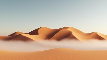 Fog rolling over sand dunes, desert oasis, atmospheric mood, 3D illustration