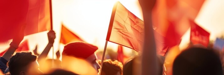 A crowd of people waving red flags at a rally or protest.