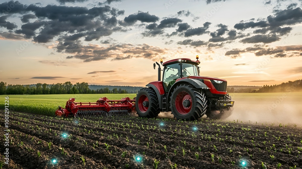 Poster smart tractor with gps and sensors plowing precision-farmed field