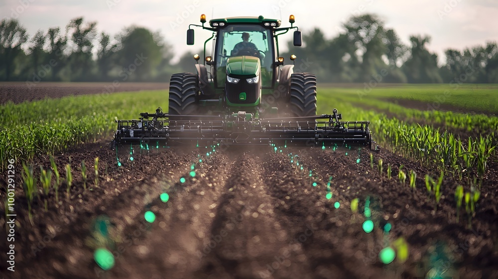 Aufkleber smart tractors equipped with gps and sensors plowing a field with precision