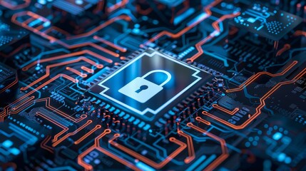 Fototapeta premium Cybersecurity concept with a glowing padlock icon on a circuit board.