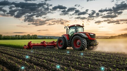 Fototapeta premium Smart Tractor with GPS and Sensors Plowing Precision-Farmed Field