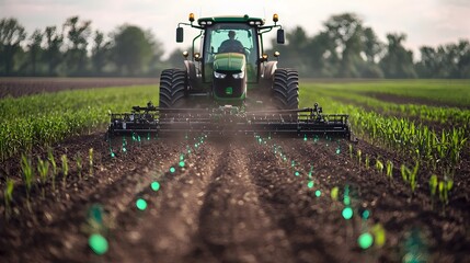 Fototapeta premium Smart Tractors Equipped with GPS and Sensors Plowing a Field with Precision