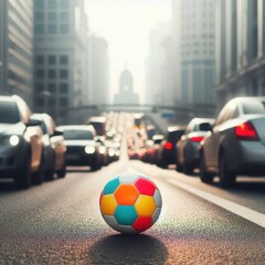 Fototapeta premium A colored ball in the middle of a busy road.