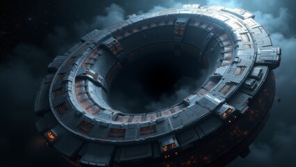 Generative AI, 
a large white object with many lights in it's center in the sky with a dark background and a moon, star citizen halo, concept art, space art