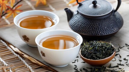 Two cups of green tea with teapot and loose leaf tea on a table.