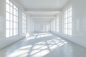 Fototapeta premium Empty white room with large windows and sunbeams