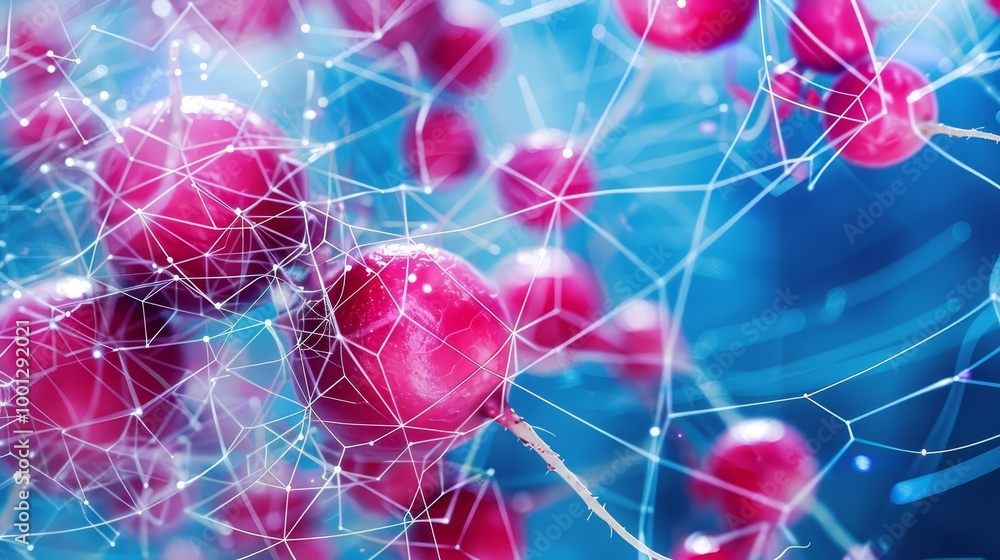 Poster abstract 3d rendering of interconnected red spheres with blue background.