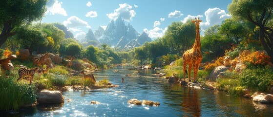 Riverbank Tranquility: Lush Forests, Meandering Waterfall, Wooden Bridge and Giraffe in Serene Outdoor Environment.